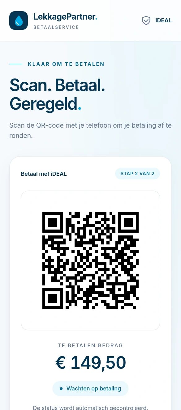 Het QR-scherm van de Lekkagepartner-applicatie op een telefoon.